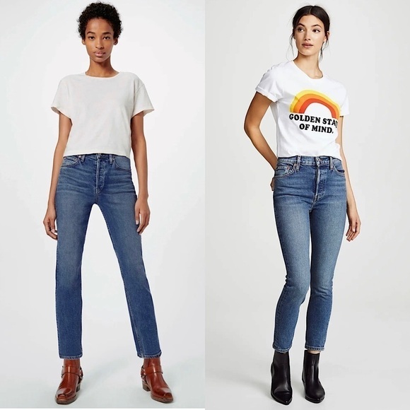 NWT RE/DONE 90s High Waist Distressed Stretch Denim Ankle Cropped Slim Jeans 26 - Picture 1 of 11